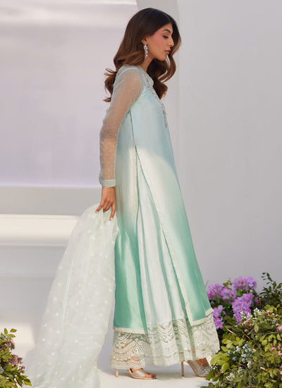 Farah Talib Aziz | Zaza Luxe Pret 24 | SOLENE AQUA OMBRE EMBELLISHED COLUMN SHIRT WITH EMBROIDERED KALIDAAR SLIP -  Farah Talib Aziz Luxury - Original Designer Dress - House of Maryam