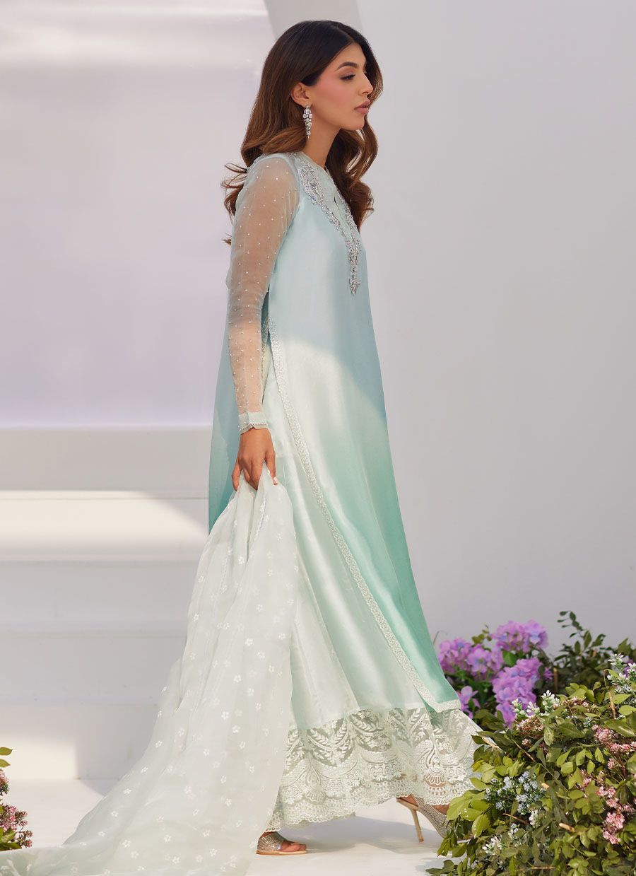 Farah Talib Aziz | Zaza Luxe Pret 24 | SOLENE AQUA OMBRE EMBELLISHED COLUMN SHIRT WITH EMBROIDERED KALIDAAR SLIP -  Farah Talib Aziz Luxury - Original Designer Dress - House of Maryam