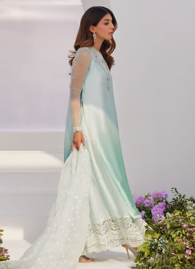 Farah Talib Aziz | Zaza Luxe Pret 24 | SOLENE AQUA OMBRE EMBELLISHED COLUMN SHIRT WITH EMBROIDERED KALIDAAR SLIP -  Farah Talib Aziz Luxury - Original Designer Dress - House of Maryam
