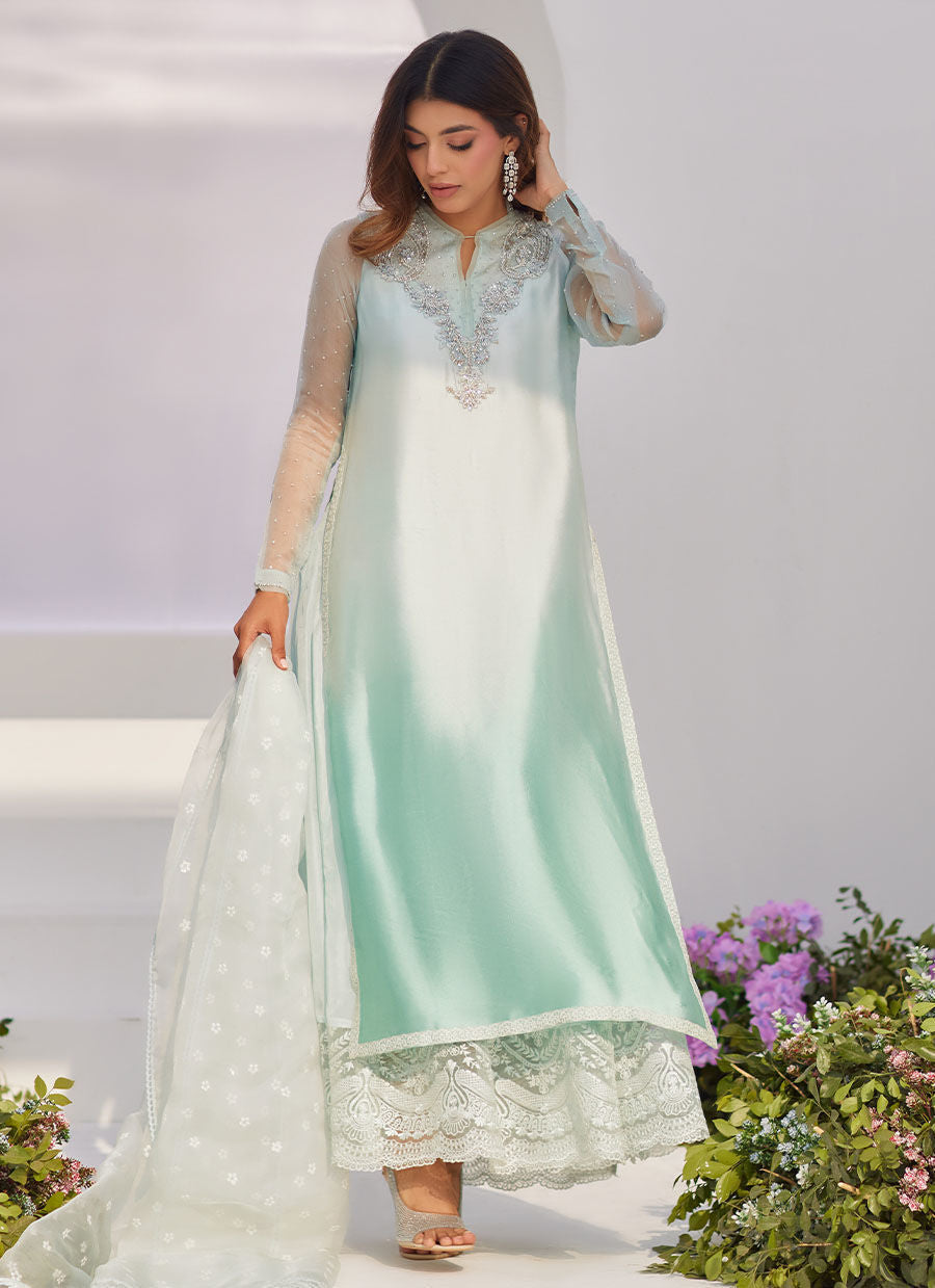 Farah Talib Aziz | Zaza Luxe Pret 24 | SOLENE AQUA OMBRE EMBELLISHED COLUMN SHIRT WITH EMBROIDERED KALIDAAR SLIP by Farah Talib Aziz - House of Maryam