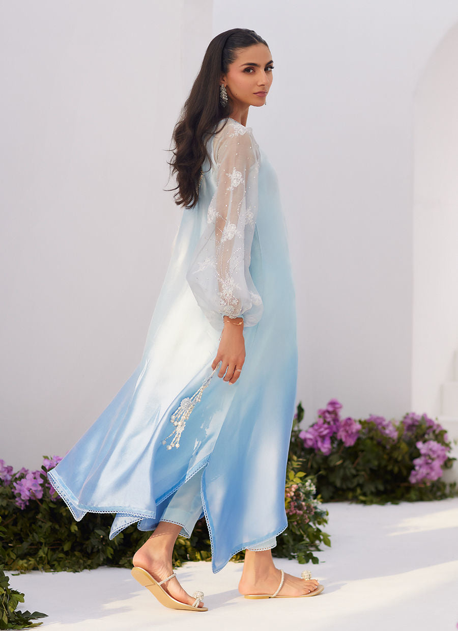 Farah Talib Aziz | Zaza Luxe Pret 24 | BOW OMBRE BLUE EMBELLISHED KAFTAN CUT SHIRT -  Farah Talib Aziz Luxury - Original Designer Dress - House of Maryam