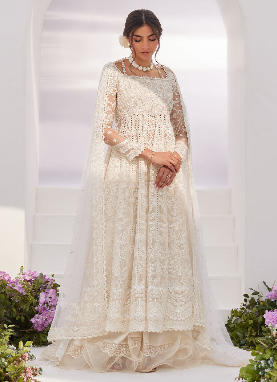 Farah Talib Aziz | Zaza Luxe Pret 24 | MAELLE IVORY EMBROIDERED AND EMBELLISHED KALIDAAR -  Farah Talib Aziz Luxury - Original Designer Dress - House of Maryam