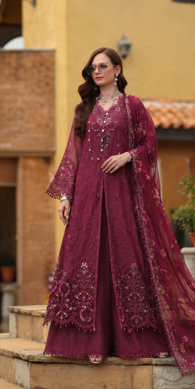 Noor by Saadia Asad | Luxury Eid Schiffli Laserkari 26 | D8 -Rasberry love-1