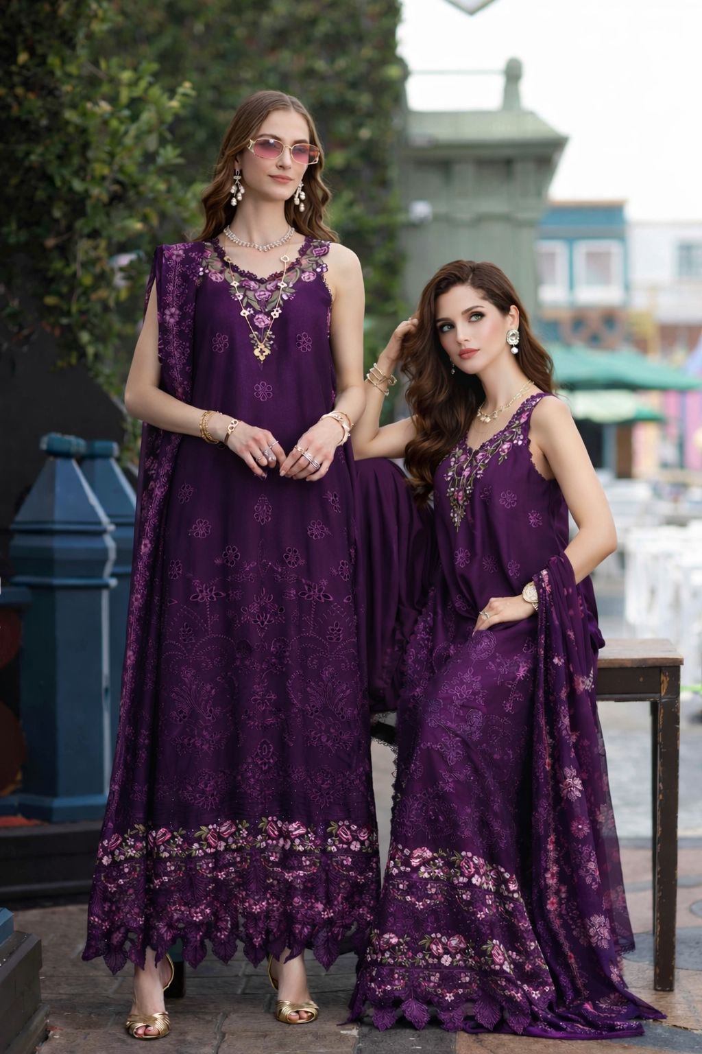 Noor by Saadia Asad | Eid Luxe Chikankari 26 | D7 - Aubergine Bloom, image 6