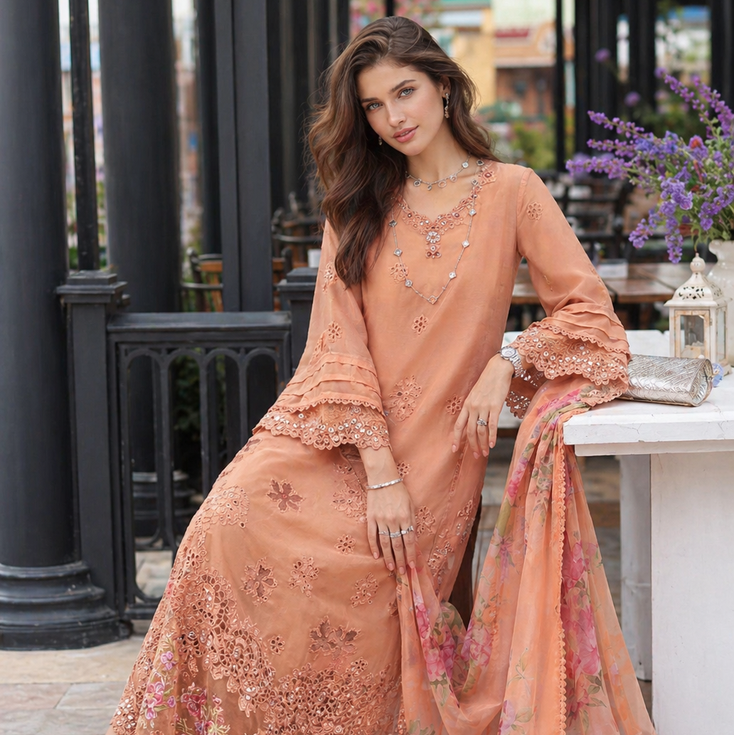 Noor by Saadia Asad | Eid Luxe Chikankari 26 | D6 - Apricot Allure-3