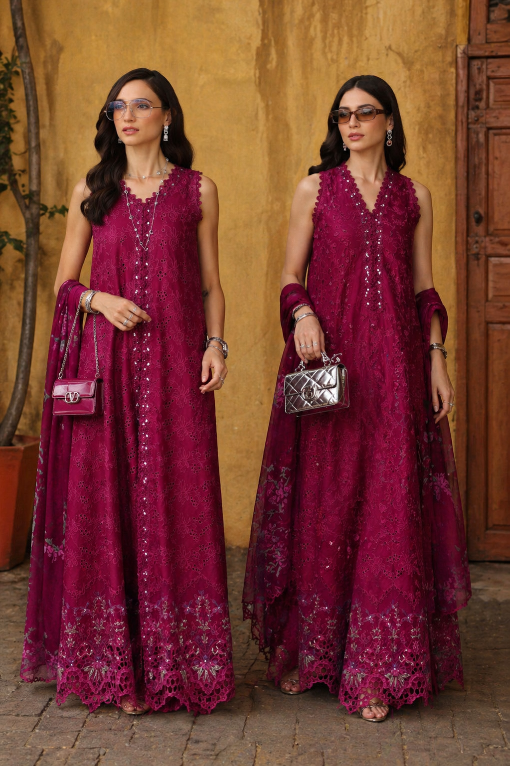 Noor by Saadia Asad | Luxury Eid Schiffli Laserkari 26 | D4 -Fuchia Élégance-1