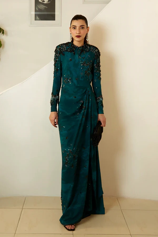 Suffuse Elisa bottle green draped maxi dress