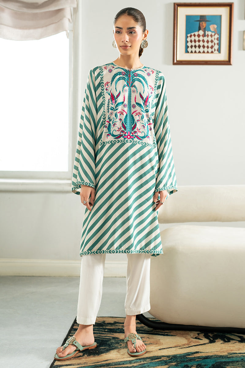 Cross Stitch | Basic Pret | Teal Stripe Linen Printed Shirt