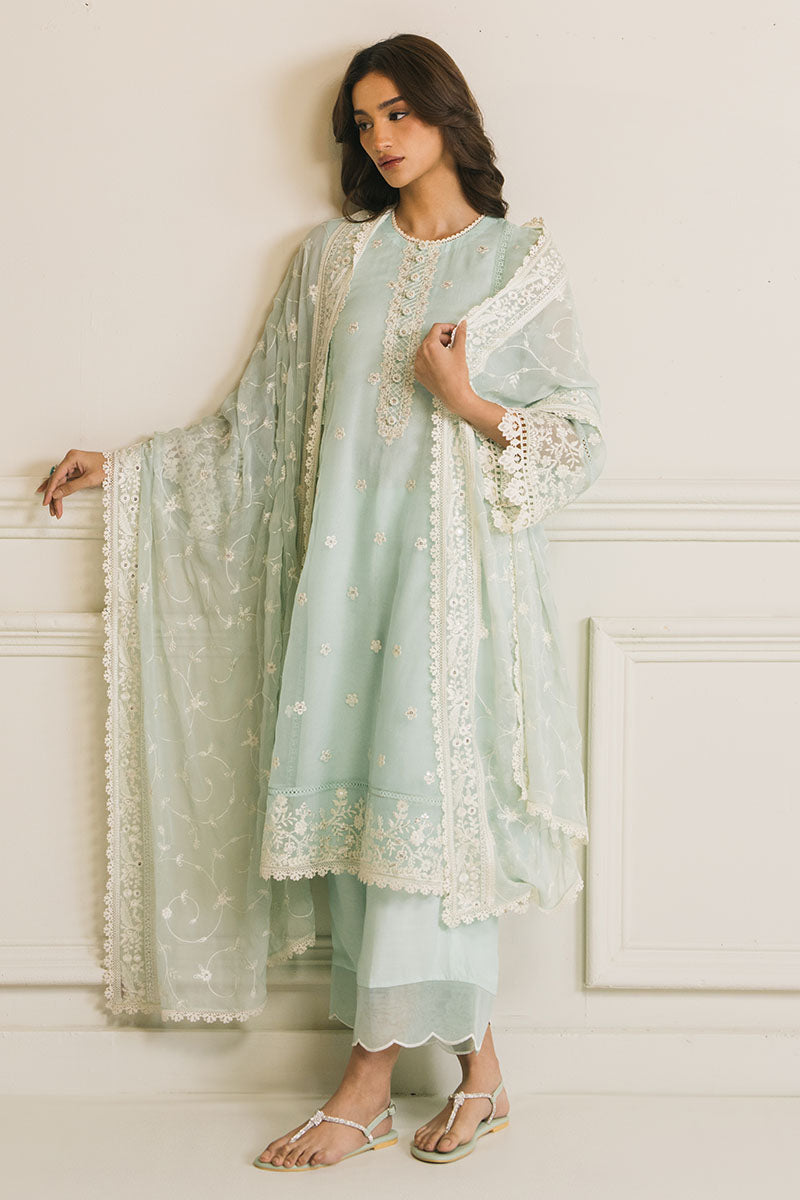 Cross Stitch | Luxury Pret | Mint Flo-3 PC (Shirt, Dupatta &Trouser)