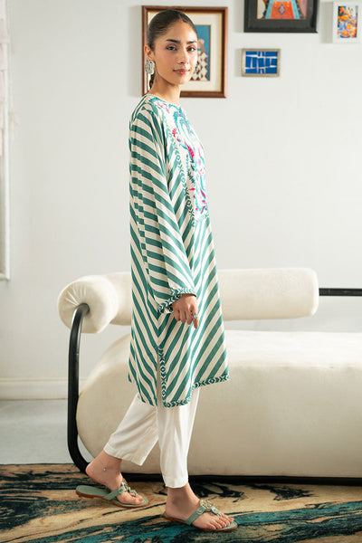 Cross Stitch | Basic Pret | Teal Stripe Linen Printed Shirt