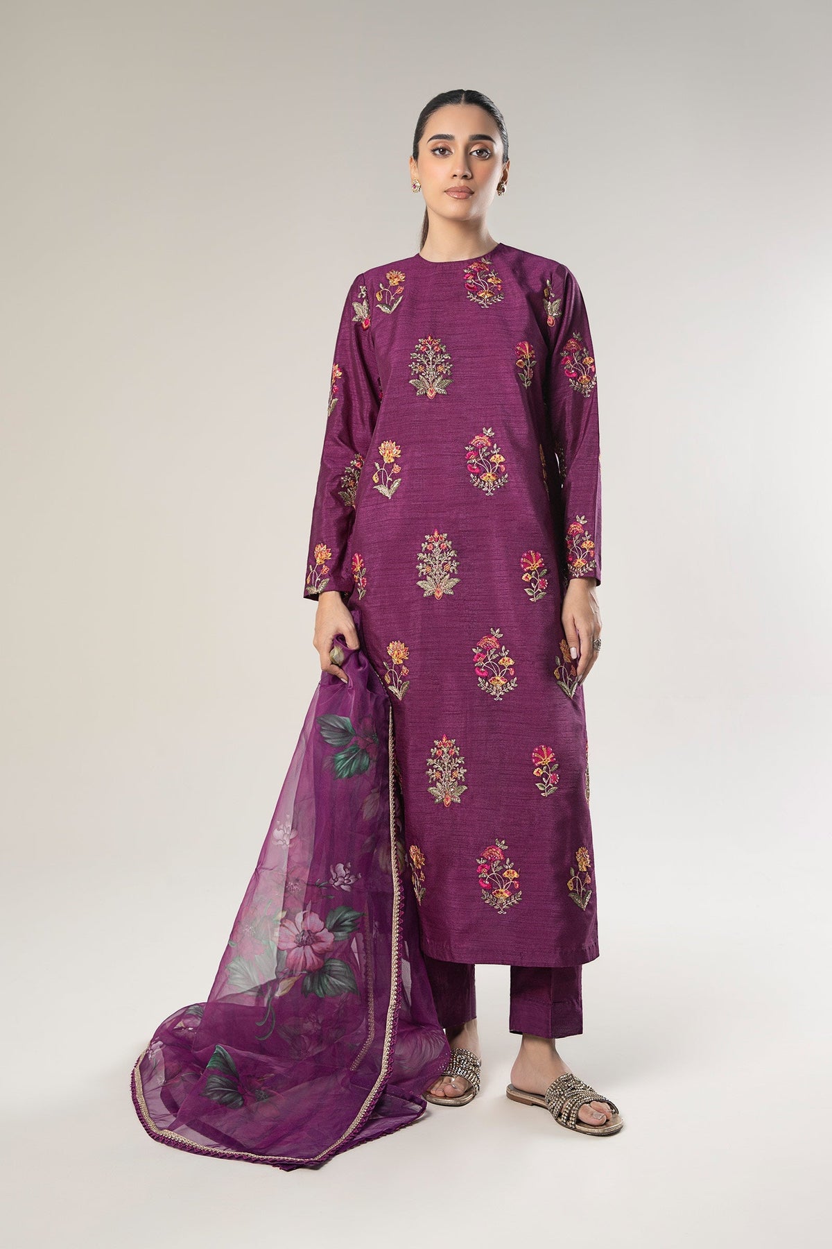 Maria B | Basics RTW | 3 Pc Embroidered Raw Silk Suit | MB-WF24-47 -  Maria B Ladies Clothes - Original Designer Dress - House of Maryam