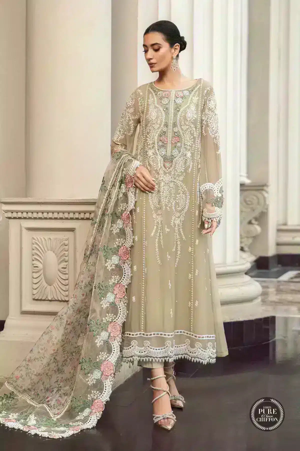 Maria B | Luxury Chiffon Collection | Coffee -  Maria B Formal - Original Designer Dress - House of Maryam