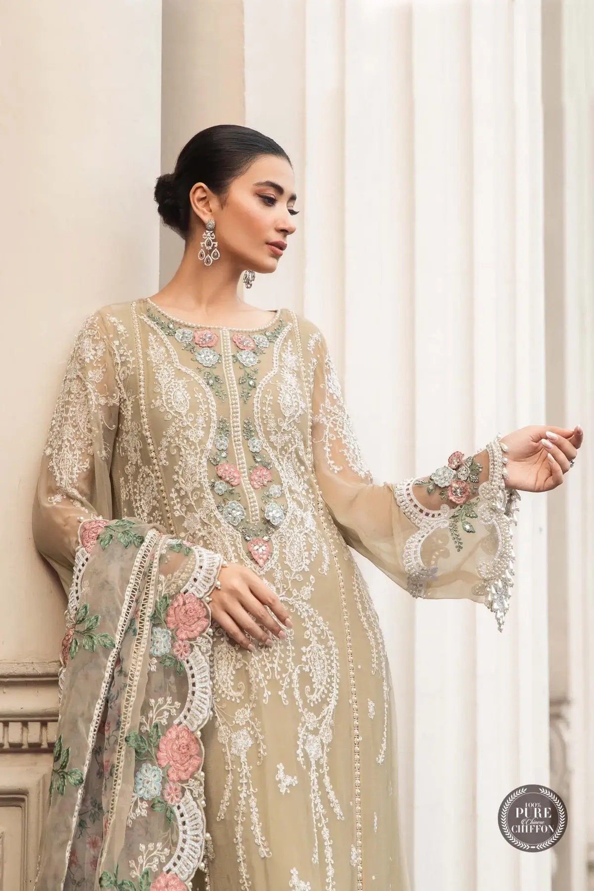 Maria B | Luxury Chiffon Collection | Coffee -  Maria B Formal - Original Designer Dress - House of Maryam