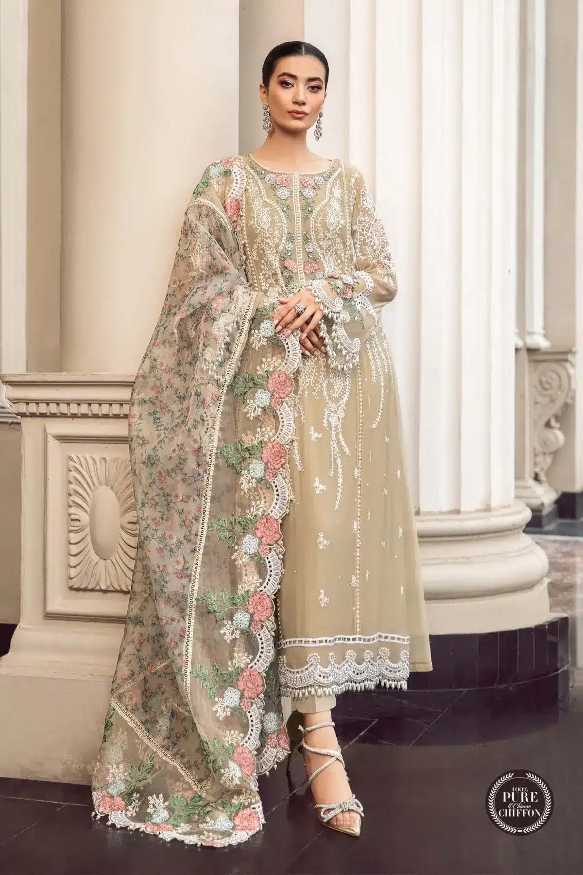 Maria B | Luxury Chiffon Collection | Coffee -  Maria B Formal - Original Designer Dress - House of Maryam