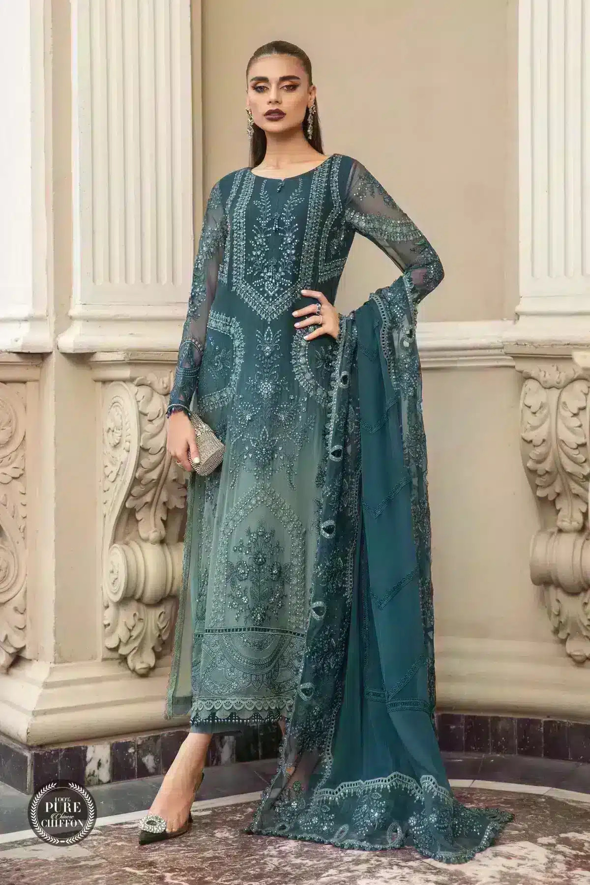 Maria B | Luxury Chiffon Collection | Teal Blue -  Maria B Formal - Original Designer Dress - House of Maryam