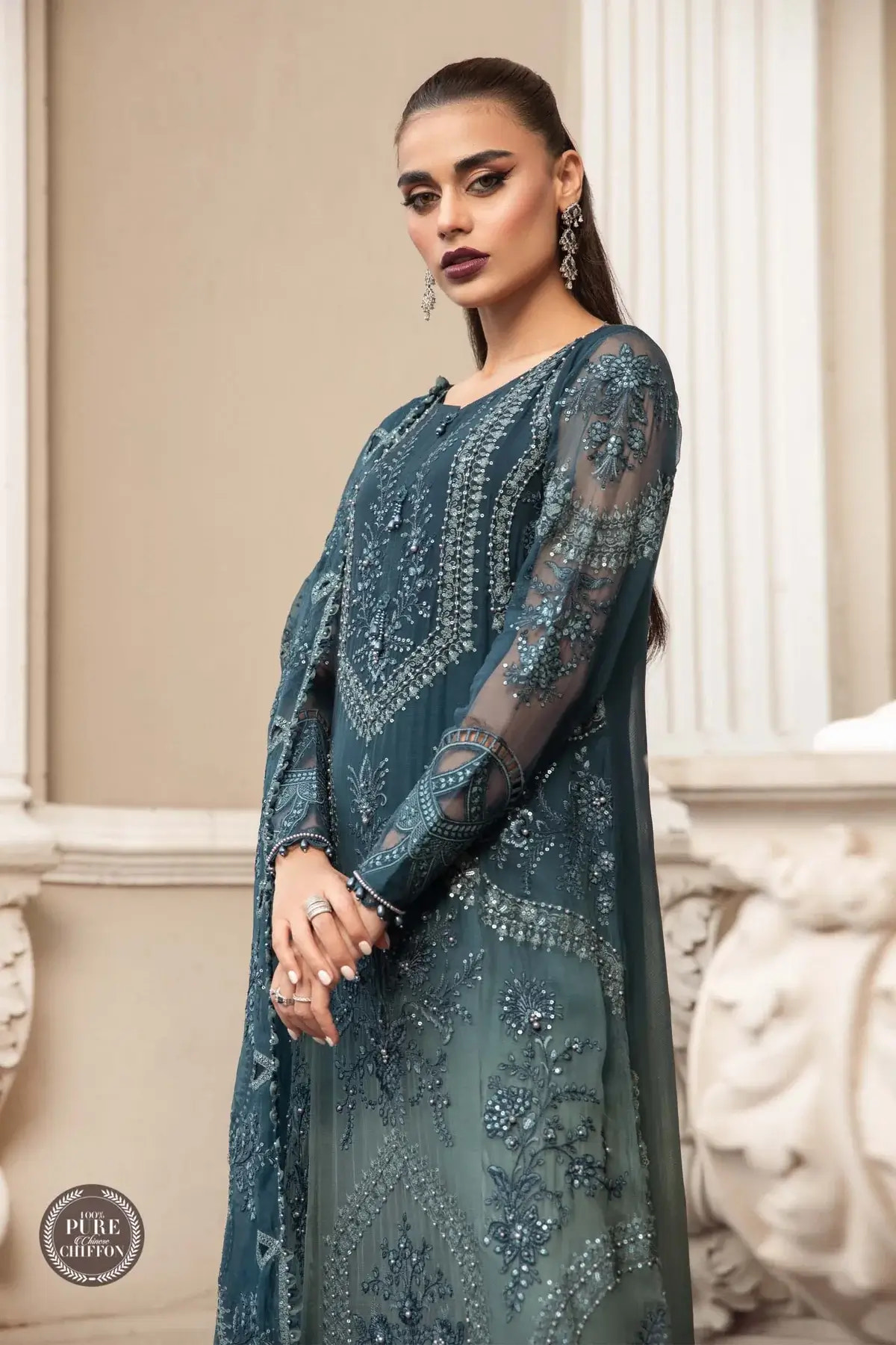 Maria B | Luxury Chiffon Collection | Teal Blue -  Maria B Formal - Original Designer Dress - House of Maryam