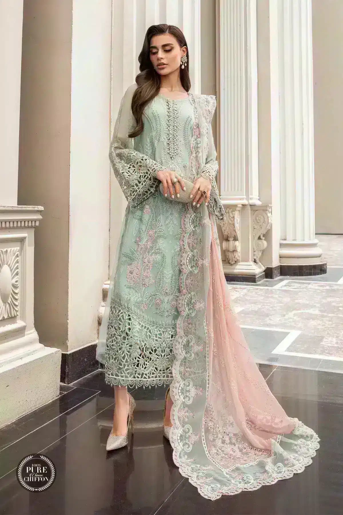 Maria B | Luxury Chiffon Collection | Mint Green -  Maria B Formal - Original Designer Dress - House of Maryam