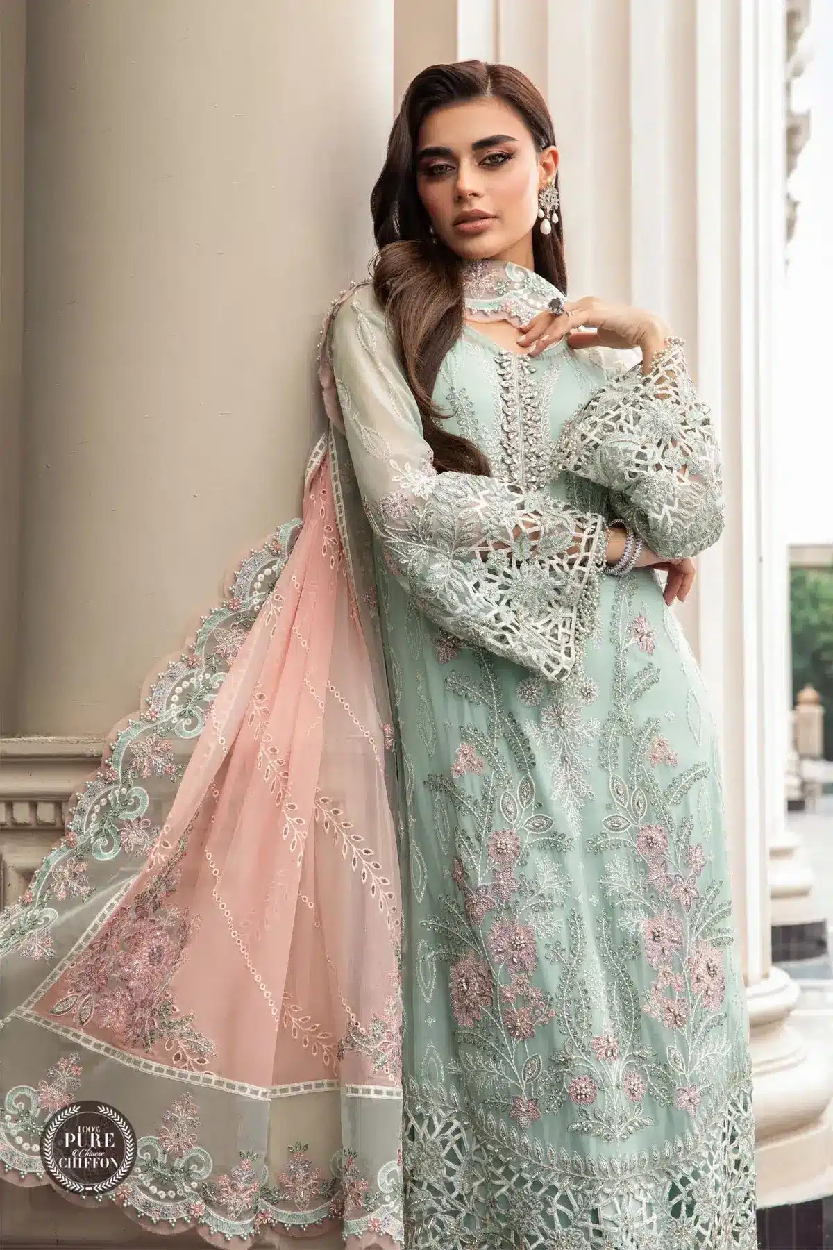 Maria B | Luxury Chiffon Collection | Mint Green -  Maria B Formal - Original Designer Dress - House of Maryam