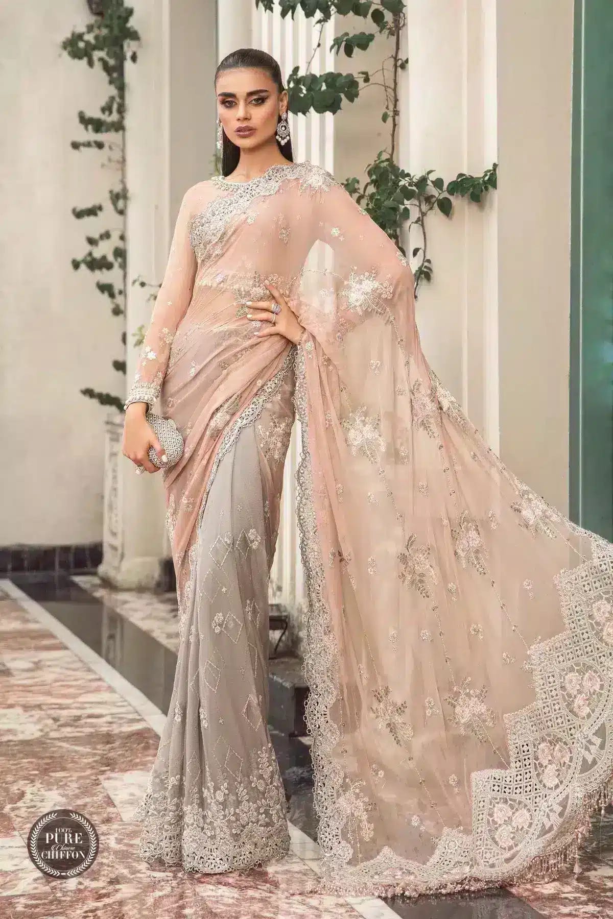 Maria B | Luxury Chiffon Collection | Peach And Grey -  Maria B Formal - Original Designer Dress - House of Maryam