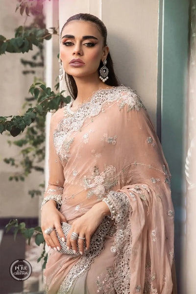 Maria B | Luxury Chiffon Collection | Peach And Grey -  Maria B Formal - Original Designer Dress - House of Maryam