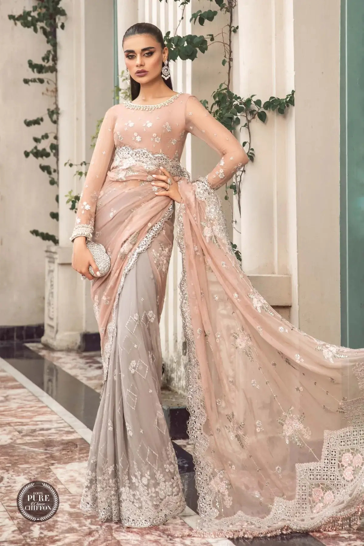 Maria B | Luxury Chiffon Collection | Peach And Grey -  Maria B Formal - Original Designer Dress - House of Maryam