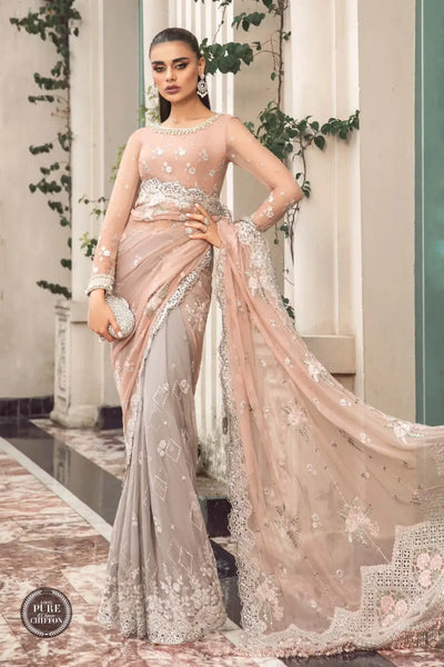 Maria B | Luxury Chiffon Collection | Peach And Grey -  Maria B Formal - Original Designer Dress - House of Maryam