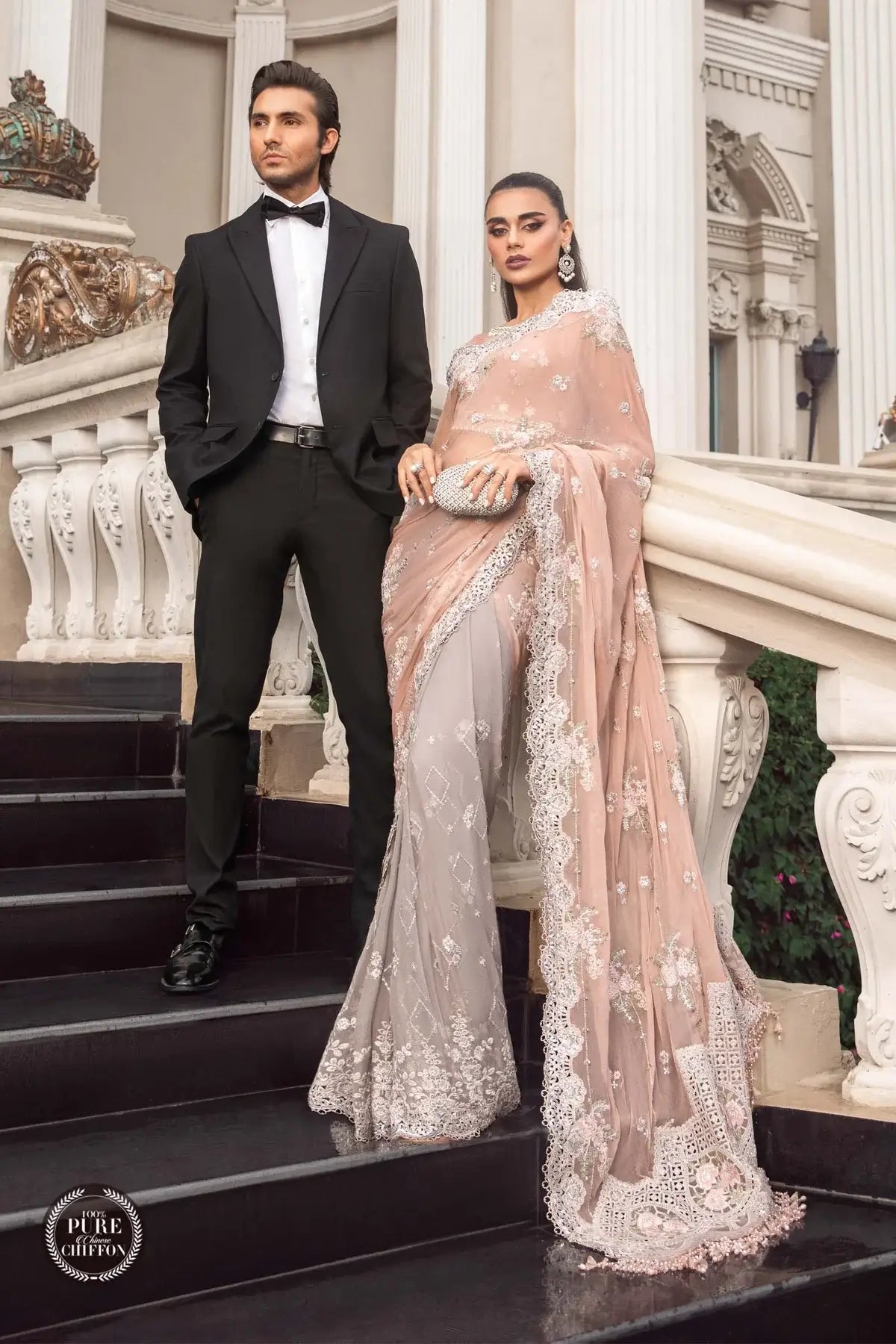 Maria B | Luxury Chiffon Collection | Peach And Grey -  Maria B Formal - Original Designer Dress - House of Maryam