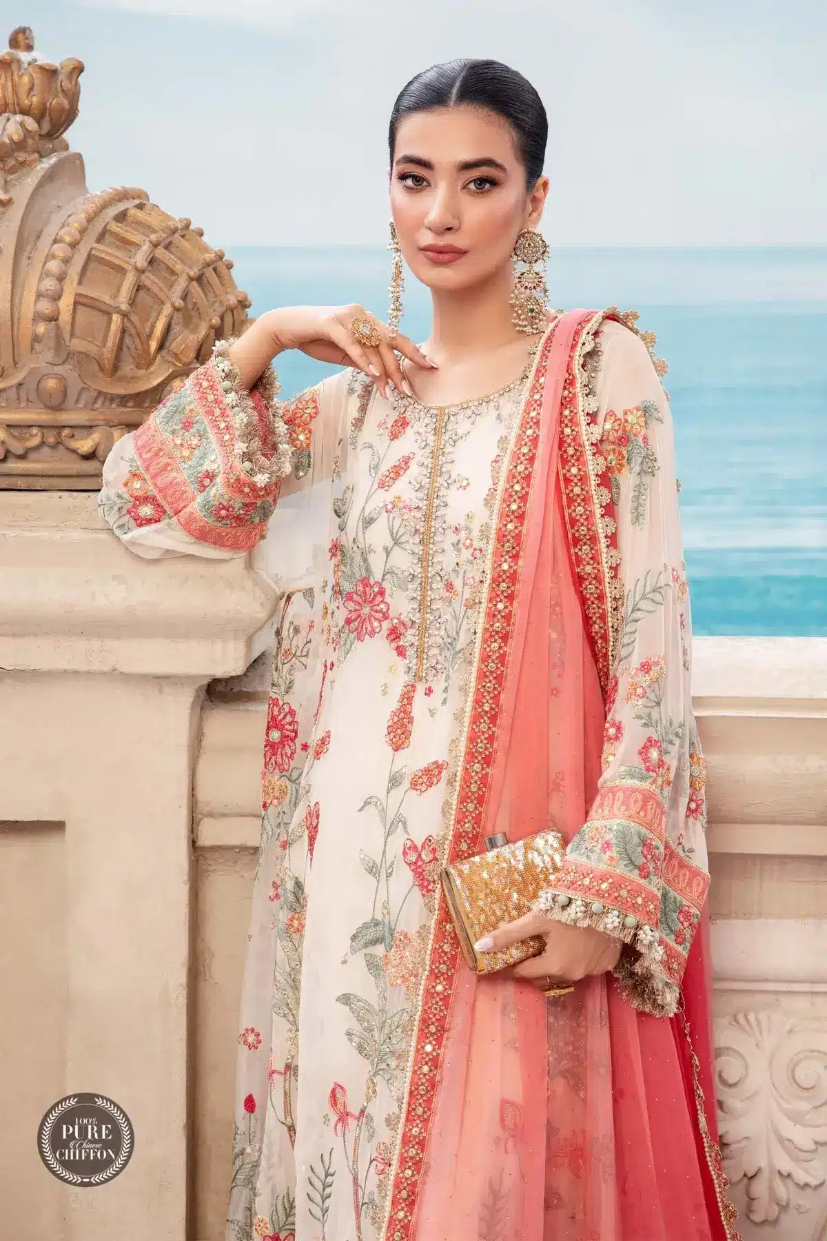 Maria B | Luxury Chiffon Collection | Cloud White Floral -  Maria B Formal - Original Designer Dress - House of Maryam