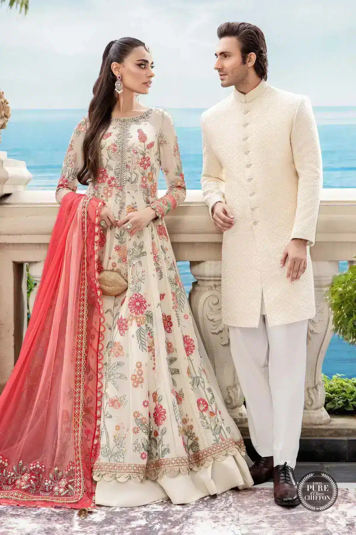 Maria B | Luxury Chiffon Collection | Cloud White Floral -  Maria B Formal - Original Designer Dress - House of Maryam