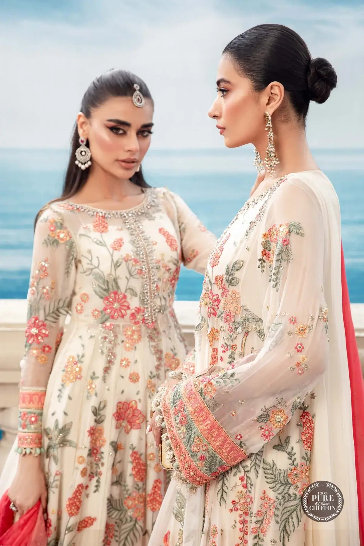 Maria B | Luxury Chiffon Collection | Cloud White Floral by Designer Maria B - House of Maryam - Pakistani Designer Ethnic Wear in {{ shop.shopifyCountryName }}