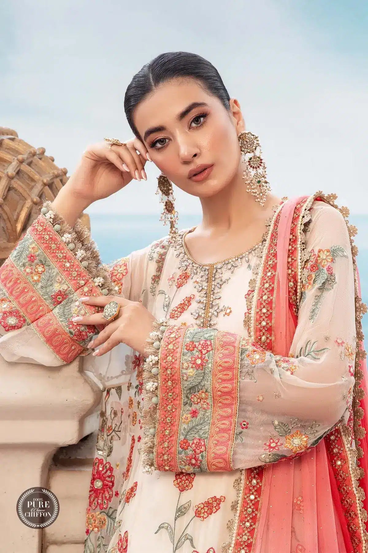 Maria B | Luxury Chiffon Collection | Cloud White Floral -  Maria B Formal - Original Designer Dress - House of Maryam