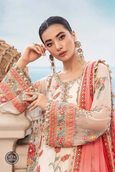 Maria B | Luxury Chiffon Collection | Cloud White Floral -  Maria B Formal - Original Designer Dress - House of Maryam