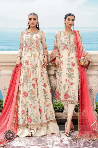Maria B | Luxury Chiffon Collection | Cloud White Floral -  Maria B Formal - Original Designer Dress - House of Maryam