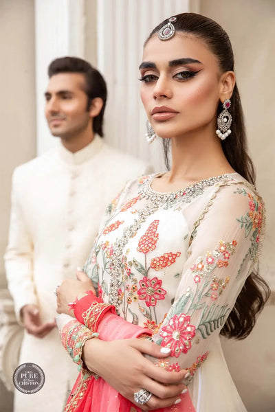 Maria B | Luxury Chiffon Collection | Cloud White Floral -  Maria B Formal - Original Designer Dress - House of Maryam