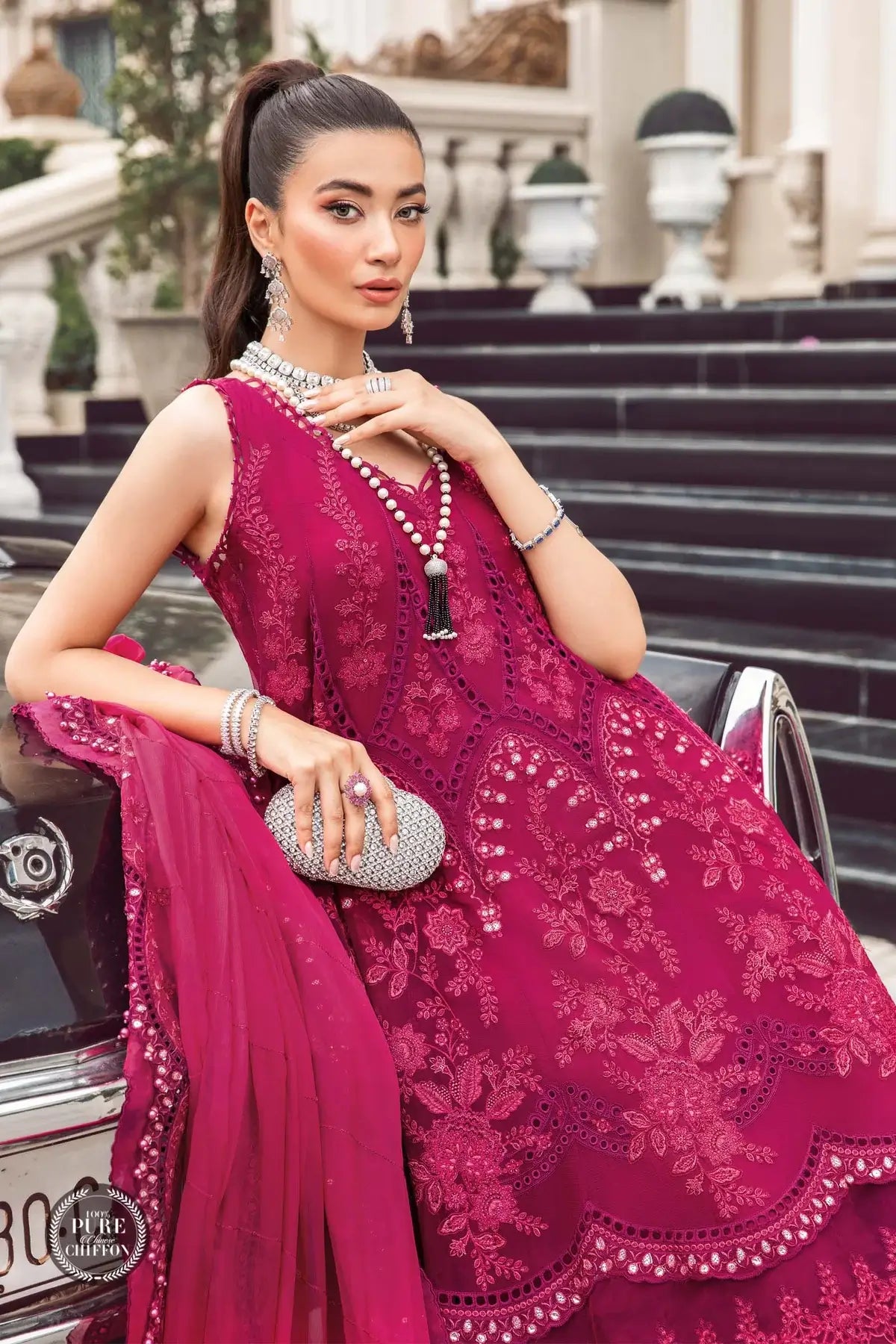 Maria B | Luxury Chiffon Collection | Magenta Pink -  Maria B Formal - Original Designer Dress - House of Maryam