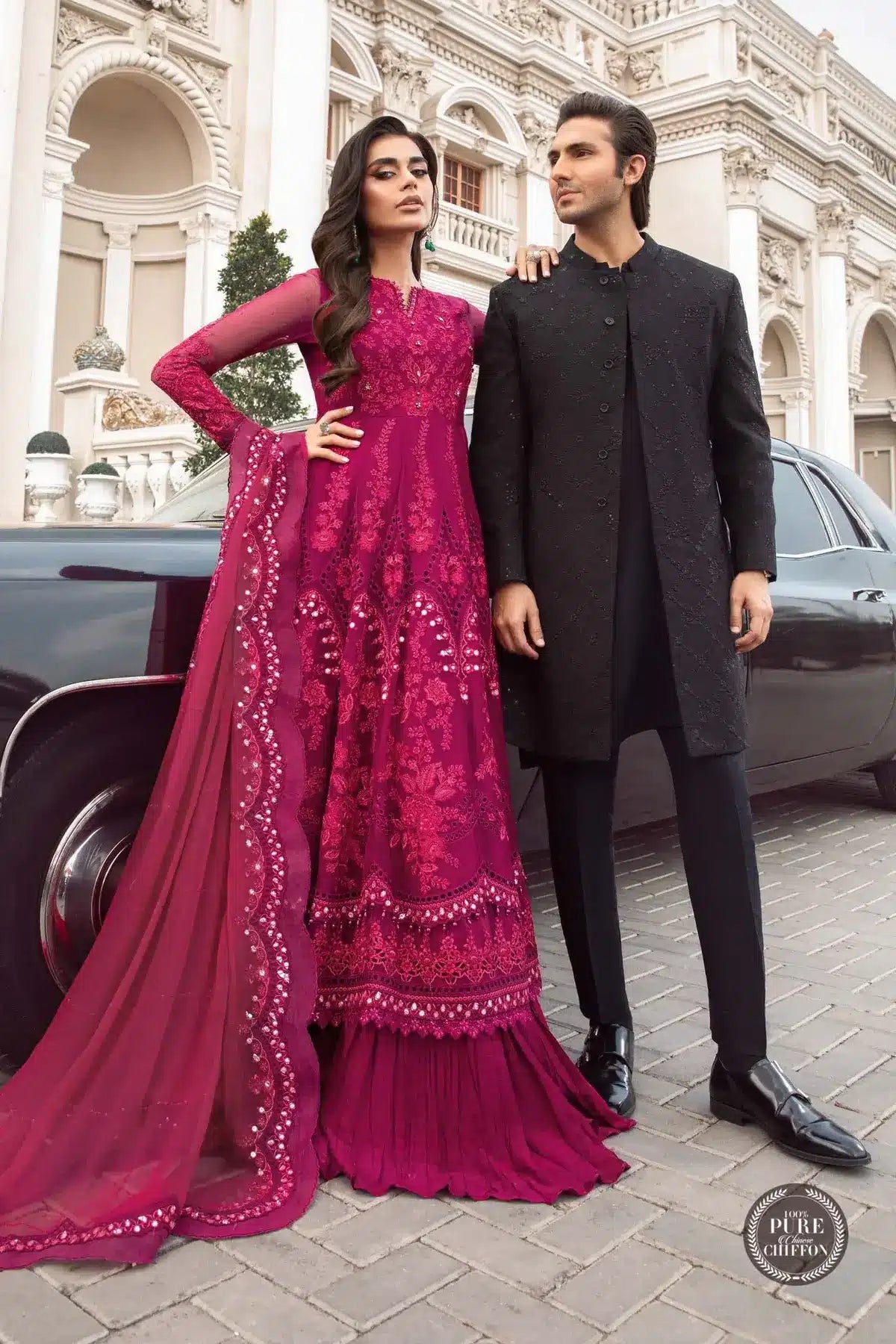 Maria B | Luxury Chiffon Collection | Magenta Pink -  Maria B Formal - Original Designer Dress - House of Maryam