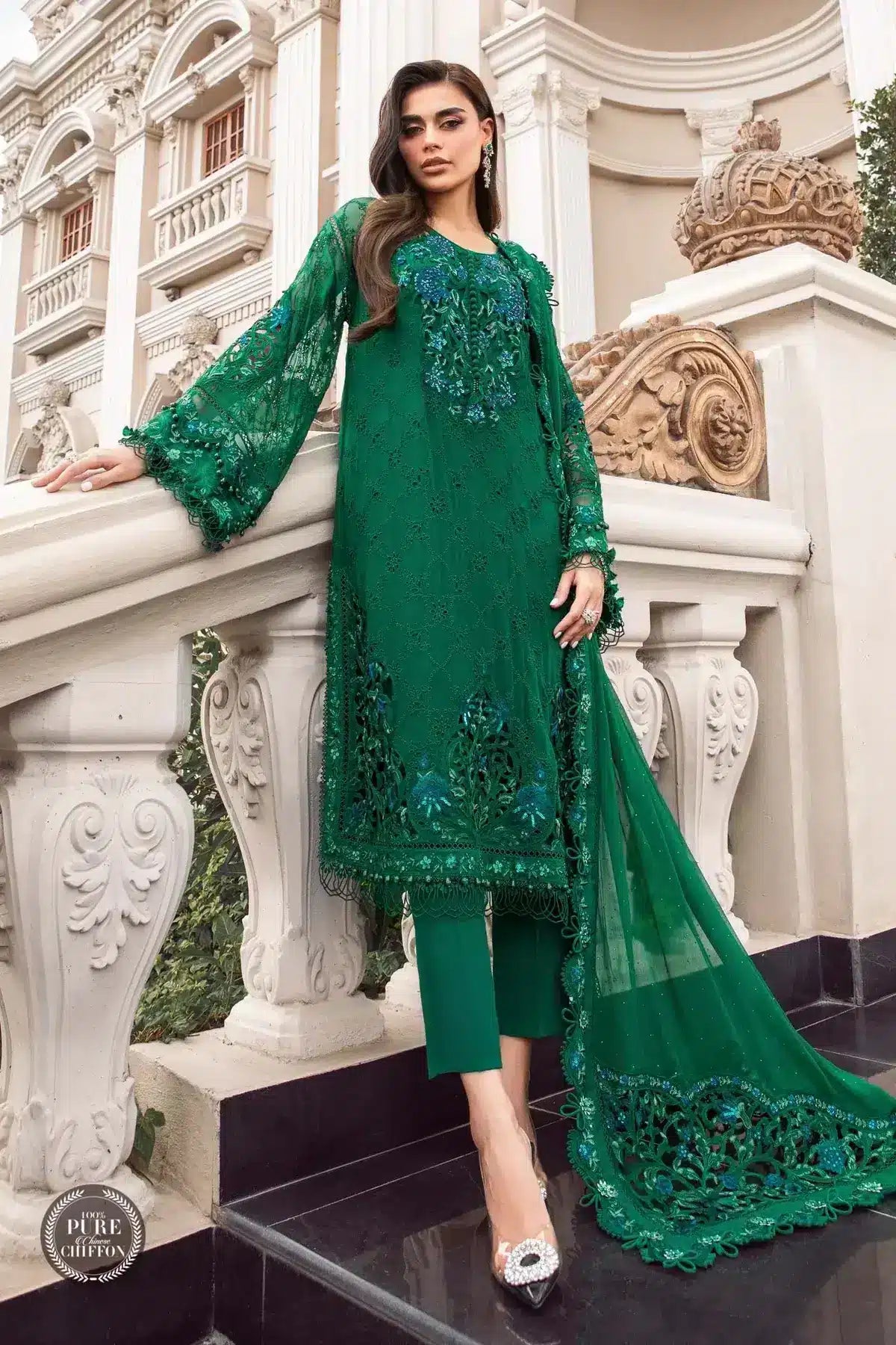 Maria B | Luxury Chiffon Collection | Emerald Green -  Maria B Formal - Original Designer Dress - House of Maryam