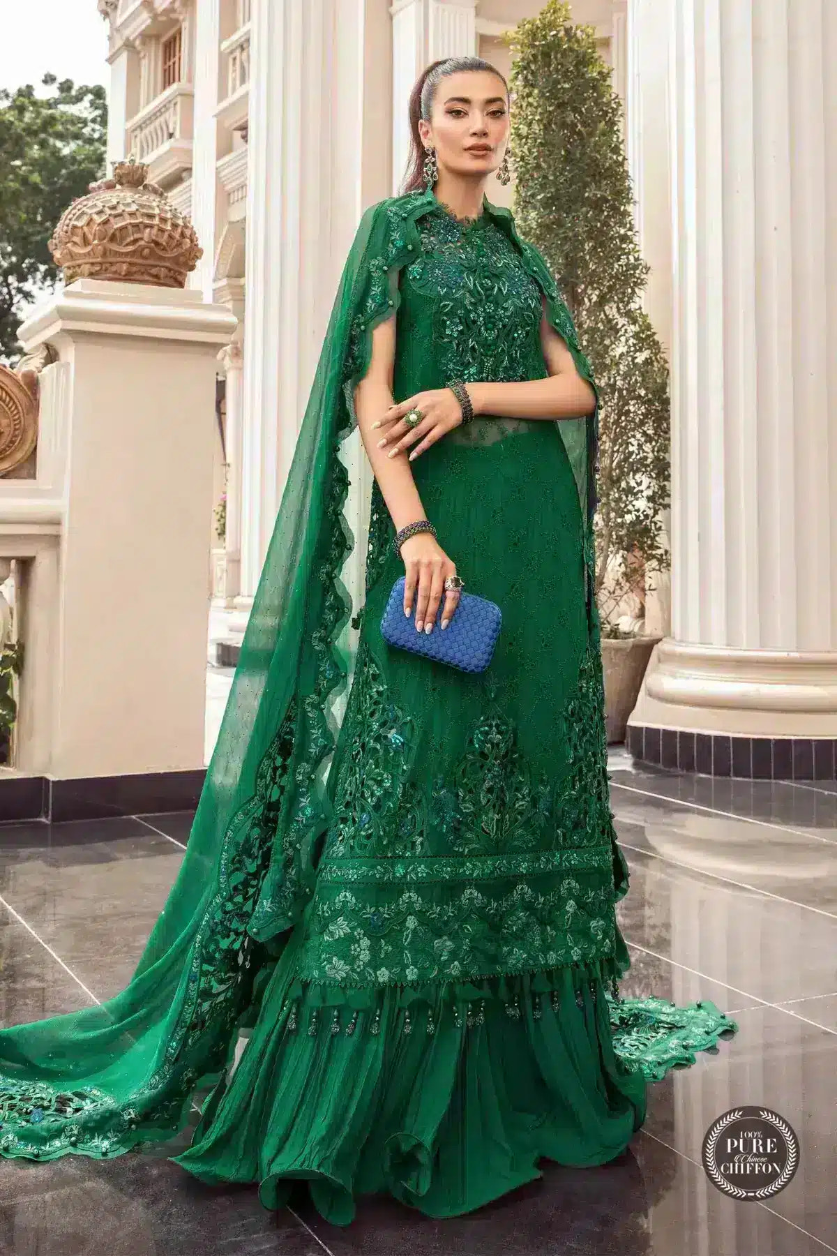 Maria B | Luxury Chiffon Collection | Emerald Green -  Maria B Formal - Original Designer Dress - House of Maryam