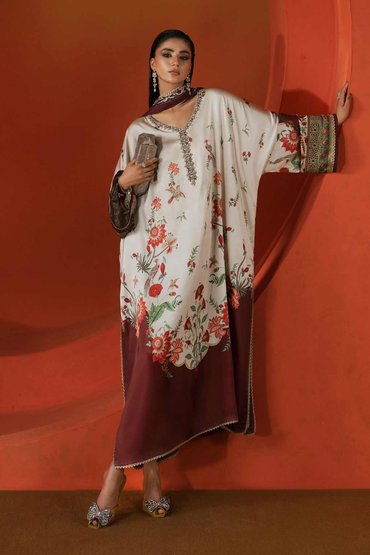 Maria B | Silk Prints '26 | MPS-EF26-03R1-Beige-and-maroon