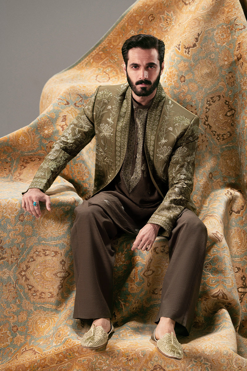 Republic By Omar Farooq | Bandhgala Suit | 'Tufail' Pathan Coat -  Republic by Omar Farooq Bandhgala Suit - Original Designer Dress - House of Maryam