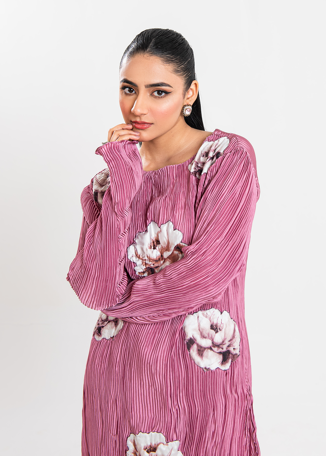 Maria Osama Khan | Claire Pleated Silk | Rosy -  Maria Osama Khan Formal - Original Designer Dress - House of Maryam