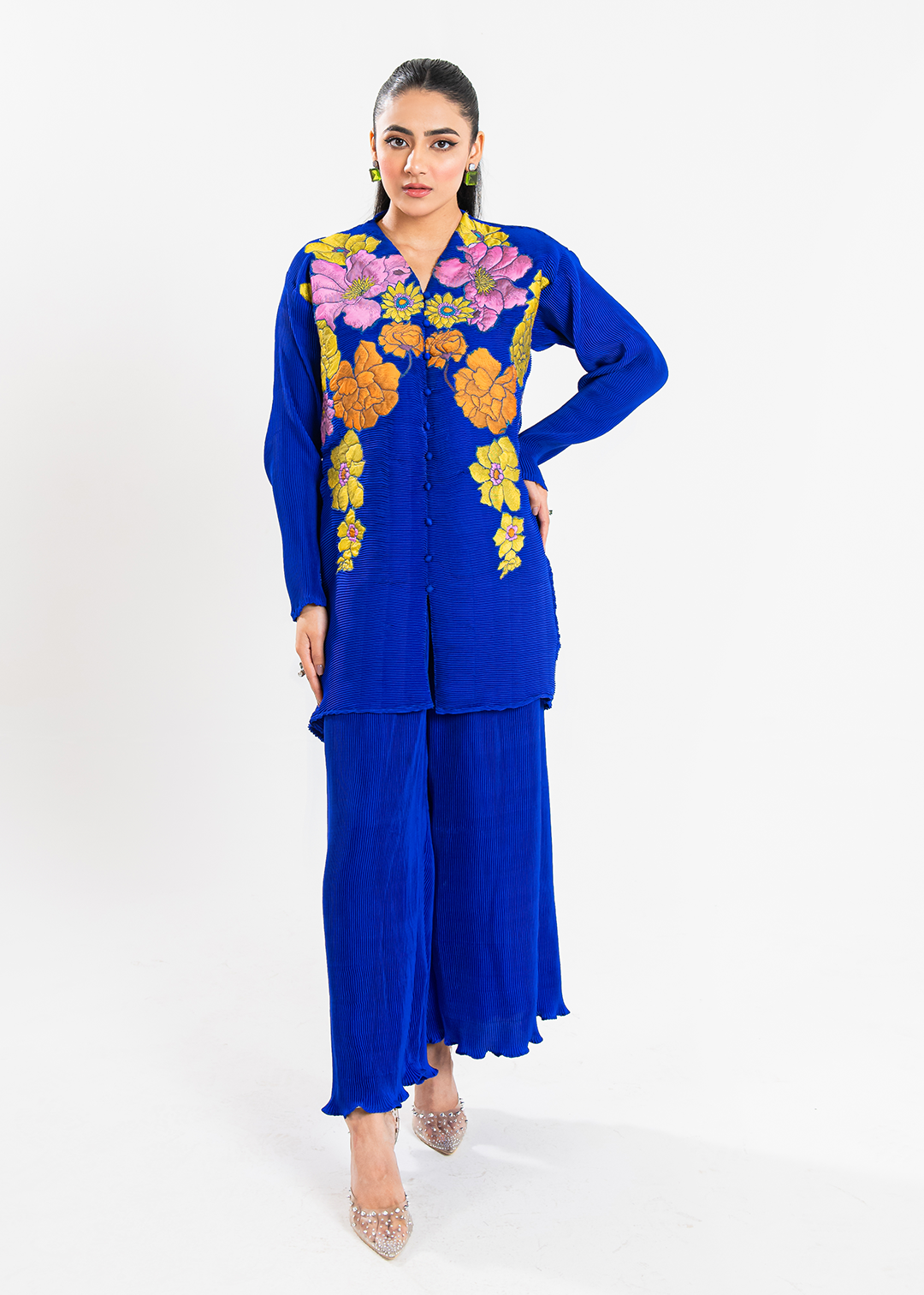 Maria Osama Khan | Claire Pleated Silk | Azure by Designer Maria Osama Khan - House of Maryam - Pakistani Designer Ethnic Wear in {{ shop.shopifyCountryName }}