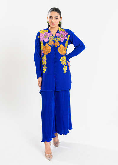 Maria Osama Khan | Claire Pleated Silk | Azure -  Maria Osama Khan Formal - Original Designer Dress - House of Maryam
