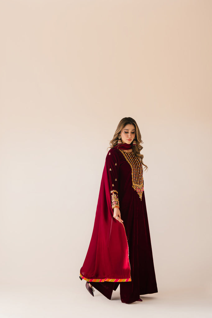 Sammy K | Velvet Festive Edit | Maroon Maxi velvet Outfit -  Sammy K Ladies Clothes - Original Designer Dress - House of Maryam