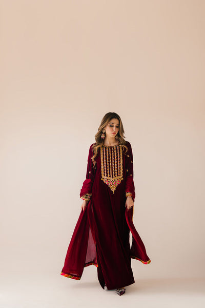 Sammy K | Velvet Festive Edit | Maroon Maxi velvet Outfit -  Sammy K Ladies Clothes - Original Designer Dress - House of Maryam