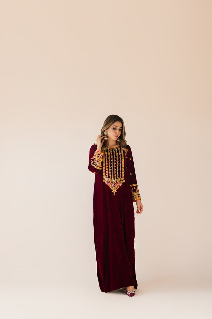 Sammy K | Velvet Festive Edit | Maroon Maxi velvet Outfit -  Sammy K Ladies Clothes - Original Designer Dress - House of Maryam