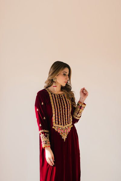 Sammy K | Velvet Festive Edit | Maroon Maxi velvet Outfit -  Sammy K Ladies Clothes - Original Designer Dress - House of Maryam