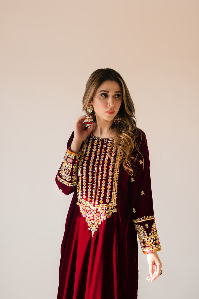 Sammy K | Velvet Festive Edit | Maroon Maxi velvet Outfit -  Sammy K Ladies Clothes - Original Designer Dress - House of Maryam