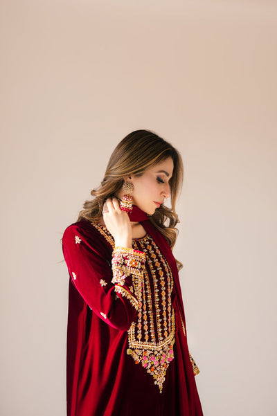 Sammy K | Velvet Festive Edit | Maroon Maxi velvet Outfit -  Sammy K Ladies Clothes - Original Designer Dress - House of Maryam