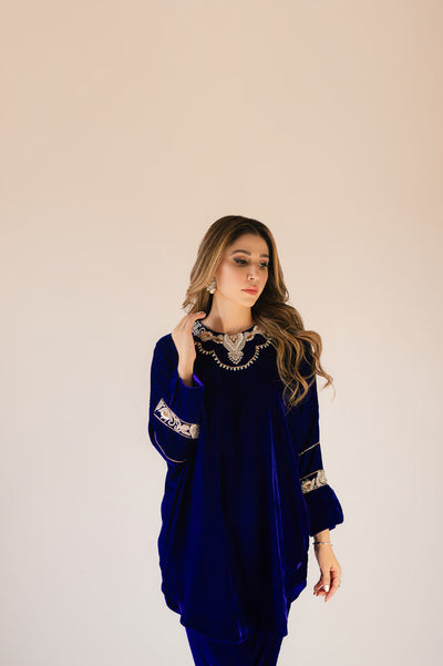 Sammy K | Velvet Festive Edit | Royal blue velvet Poncho Outfit -  Sammy K Ladies Clothes - Original Designer Dress - House of Maryam